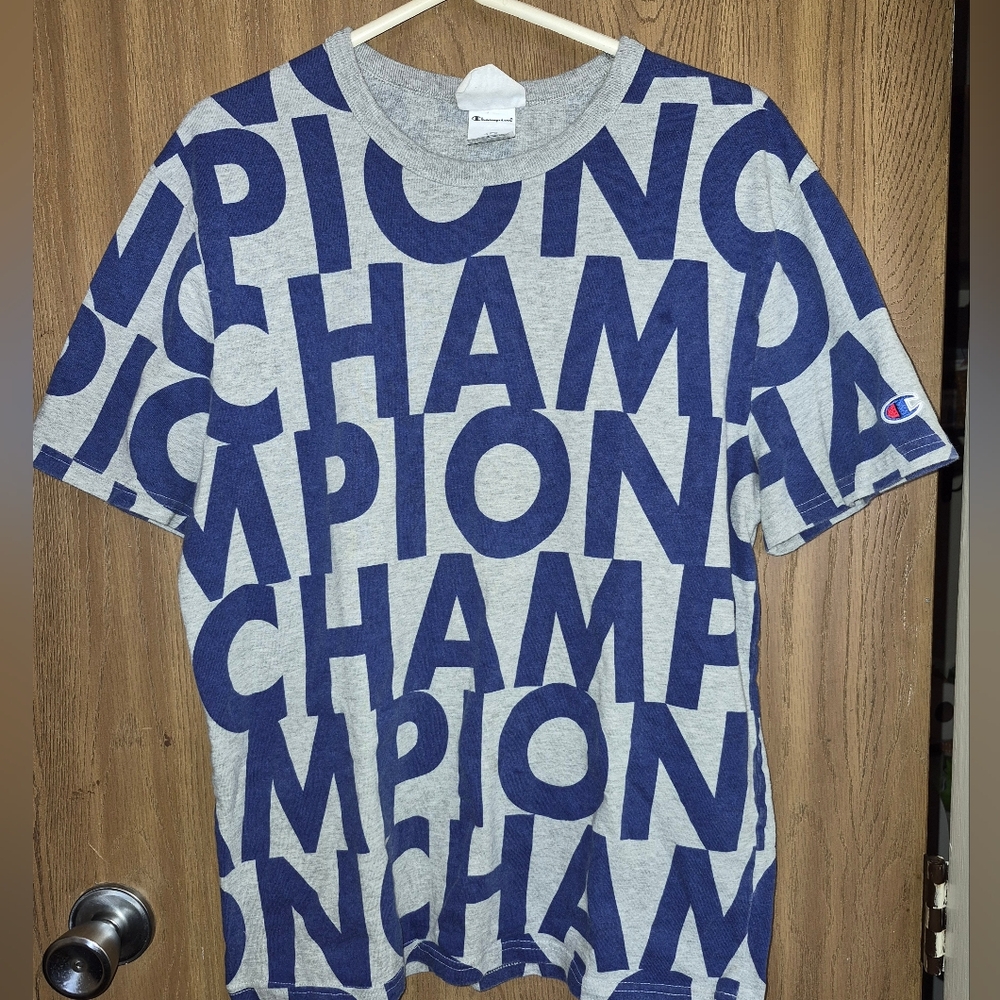 Champion Shirt Mens Gray Blue Heritage Tee All Over Logo Graphic M Y2K